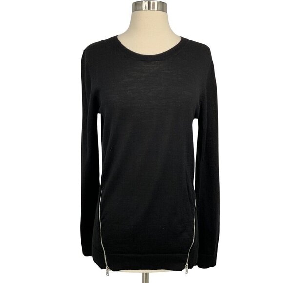 Sandro Paris Merino Wool Sweater Black Size 2 / S Silk Details Zipper Pullover - Picture 3 of 13